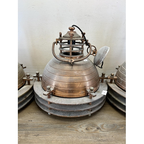 411 - Three Coach House copper industrial style pendant lights - approx. 40cm high