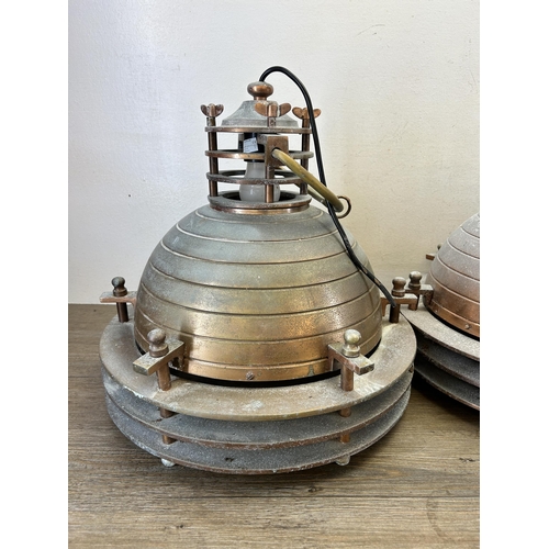 411 - Three Coach House copper industrial style pendant lights - approx. 40cm high