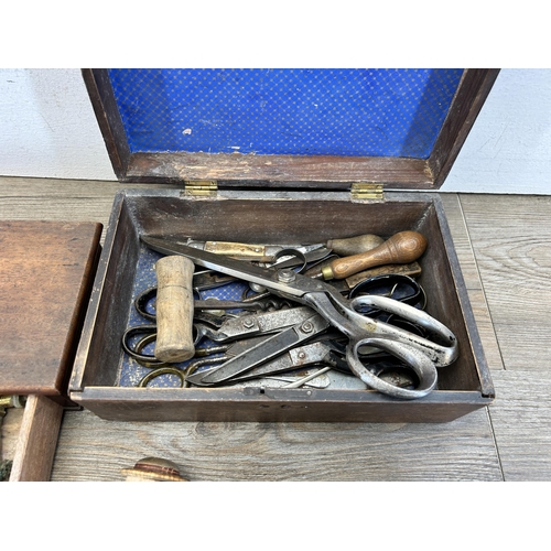 414 - A collection of items to include 19th century inlaid mahogany work box containing vintage scissors a... 