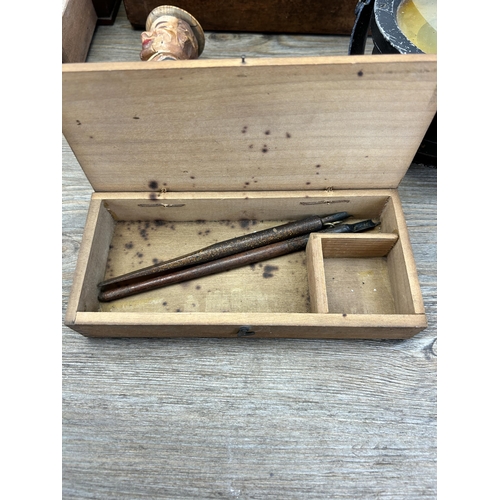 414 - A collection of items to include 19th century inlaid mahogany work box containing vintage scissors a... 