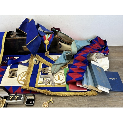 422 - A collection of Masonic regalia to include tankard, sash, Cheshire medallion etc.