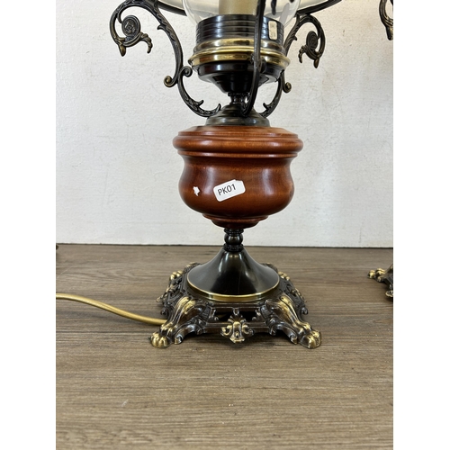 424 - Two 19th century style Italian aged brass table lamps with opaque glass shades - approx. 51cm high