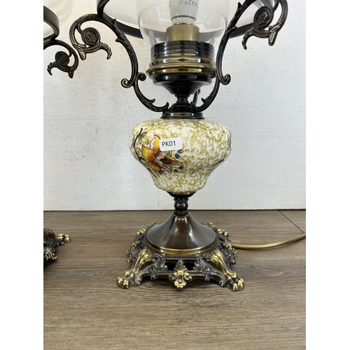 424 - Two 19th century style Italian aged brass table lamps with opaque glass shades - approx. 51cm high