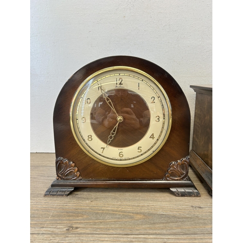 432 - Two mantel clocks, one mid 20th century Bentima walnut cased 8-day and one early 20th century oak ca... 