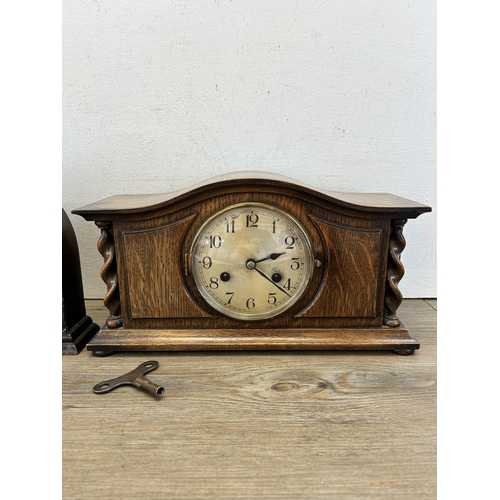 432 - Two mantel clocks, one mid 20th century Bentima walnut cased 8-day and one early 20th century oak ca... 