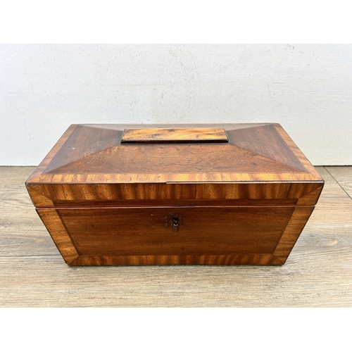 434 - A Georgian walnut sarcophagus shaped two division tea caddy with later added glass bowl - approx. 18... 