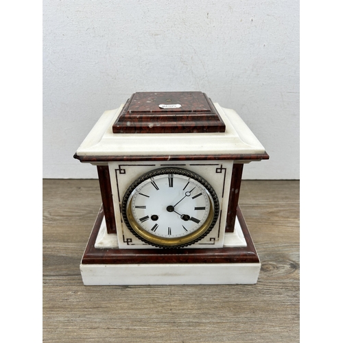 435 - A 19th century A. Weygand white and red marble cased chiming mantel clock - approx. 22cm high x 23cm... 