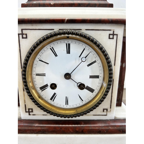 435 - A 19th century A. Weygand white and red marble cased chiming mantel clock - approx. 22cm high x 23cm... 