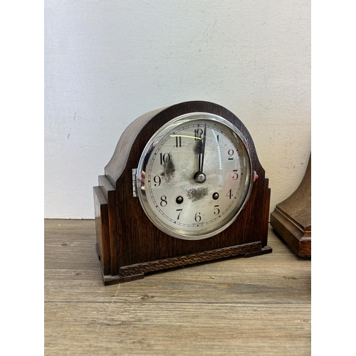 443 - Five items, three oak cased chiming mantel clocks, one Columbia Scotland red metal alarm clock and o... 