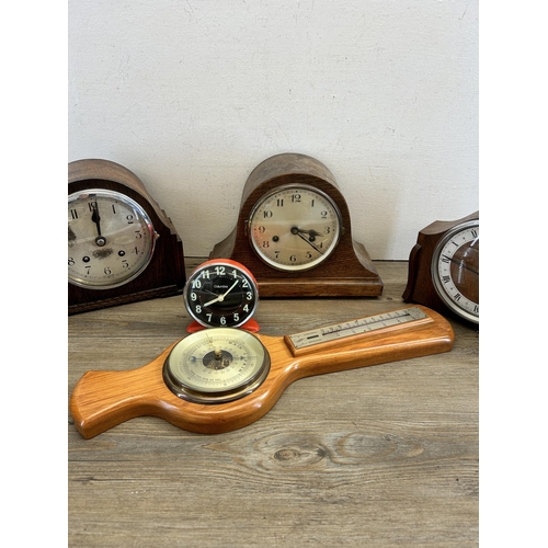 443 - Five items, three oak cased chiming mantel clocks, one Columbia Scotland red metal alarm clock and o... 