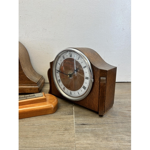 443 - Five items, three oak cased chiming mantel clocks, one Columbia Scotland red metal alarm clock and o... 