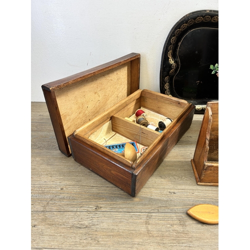 447 - Six items to include late 19th/early 20th century toleware tray, model sailing ship, pine work box, ... 