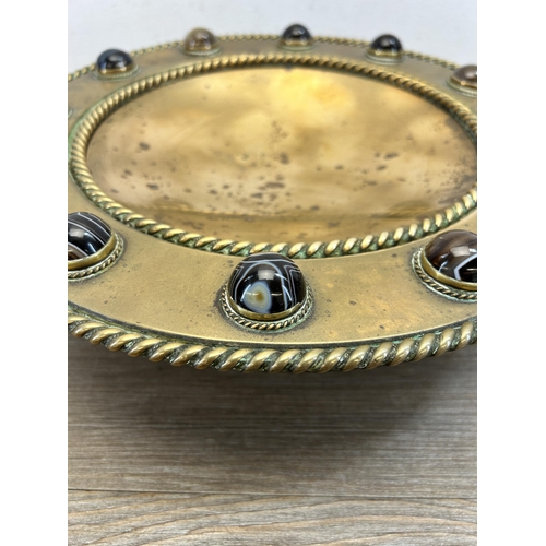 462 - A late 19th century gilt bronze tazza with Scottish banded agate cabochons - approx. 32cm diameter