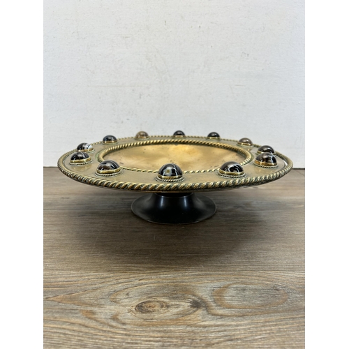 462 - A late 19th century gilt bronze tazza with Scottish banded agate cabochons - approx. 32cm diameter