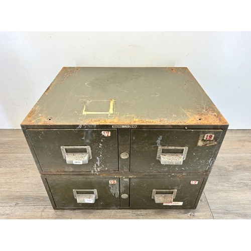 483 - Two vintage Roneo Vickers military green metal two drawer index filing cabinets - approx. 18cm high ... 