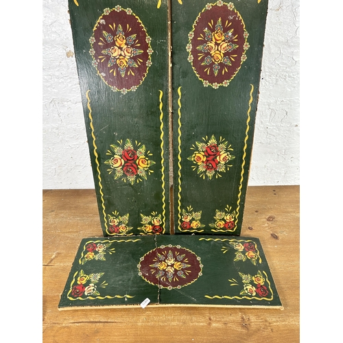 485 - Three vintage bargeware hand painted wooden panels - largest approx. 113cm x 22cm