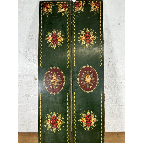 485 - Three vintage bargeware hand painted wooden panels - largest approx. 113cm x 22cm