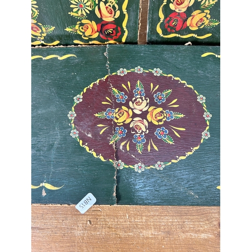 485 - Three vintage bargeware hand painted wooden panels - largest approx. 113cm x 22cm