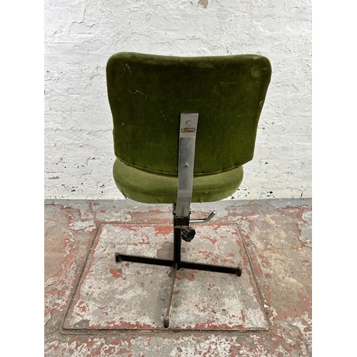 114 - A 1970s Tan-Sad green fabric and black metal swivel office desk chair