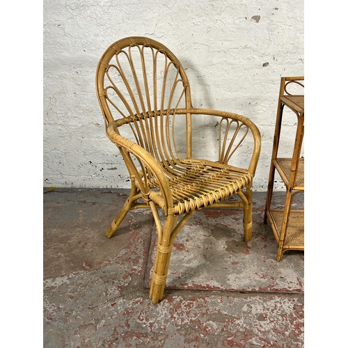 174 - Two pieces of wicker and bamboo furniture, one armchair and one three tier shelving unit