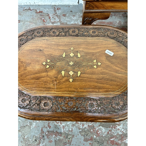 45B - Four Indian carved hardwood and brass inlaid occasional tables