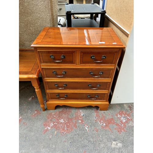 54 - Six pieces of furniture to include yew wood chest of two short over three long drawers, yew wood sid... 