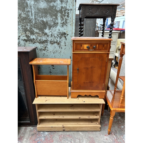 54 - Six pieces of furniture to include yew wood chest of two short over three long drawers, yew wood sid... 