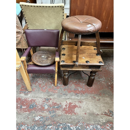 60 - Five pieces of furniture, beech artist's easel, Indian carved teak circular folding side table, beec... 