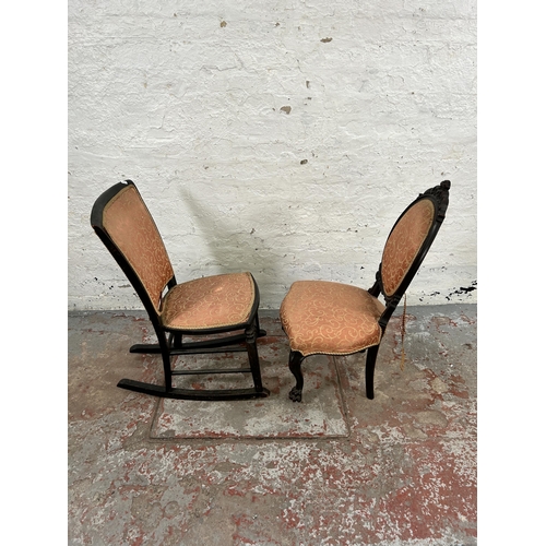 61 - Two late 19th/early 20th century stained hardwood and pink fabric upholstered occasional chairs, one... 