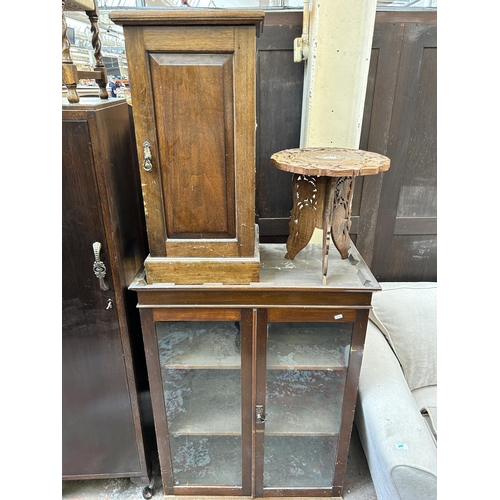 91 - Six pieces of furniture to include Edwardian mahogany bedside cabinet, Indian carved teak side table... 