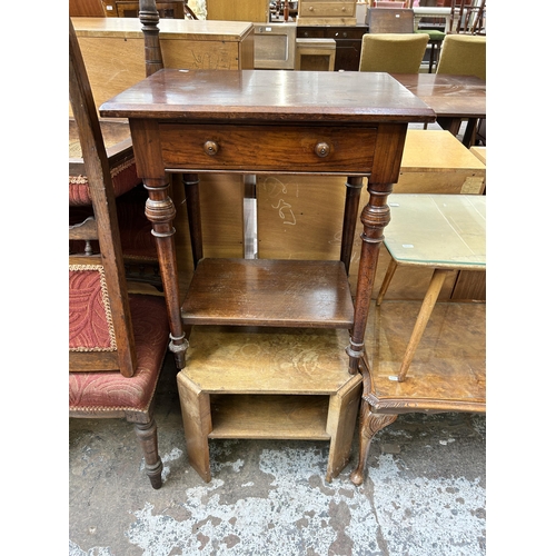 93 - Four occasional tables, Victorian mahogany and walnut two tier side table with single drawer, Art De... 