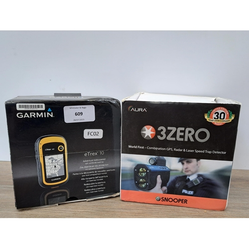 609 - Two boxed items, one Garmin eTrex 10 handheld GPS and one Aura 3Zero Snooper combo GPS/detector