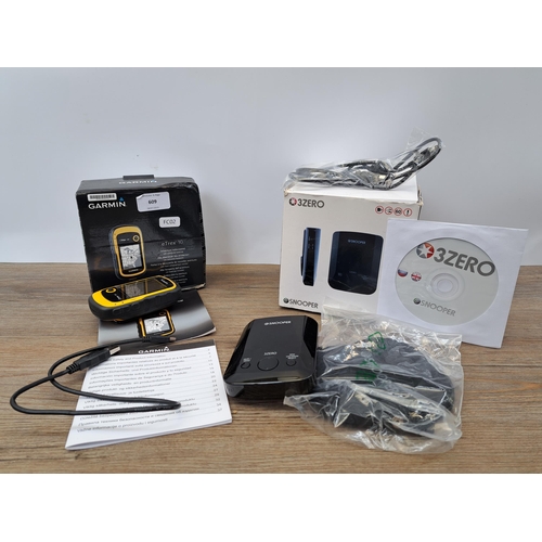 609 - Two boxed items, one Garmin eTrex 10 handheld GPS and one Aura 3Zero Snooper combo GPS/detector