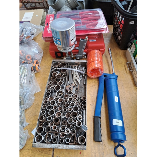 769 - A collection of tools to include two cased and sealed Tayler Tools 100 piece screw bit sets, cased a... 