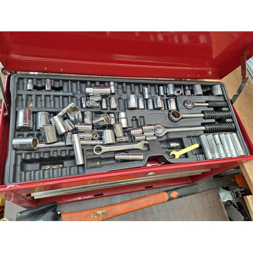 799 - Two items, one red metal stackable tool chest containing sockets and spanners and one B&Q heavy duty... 