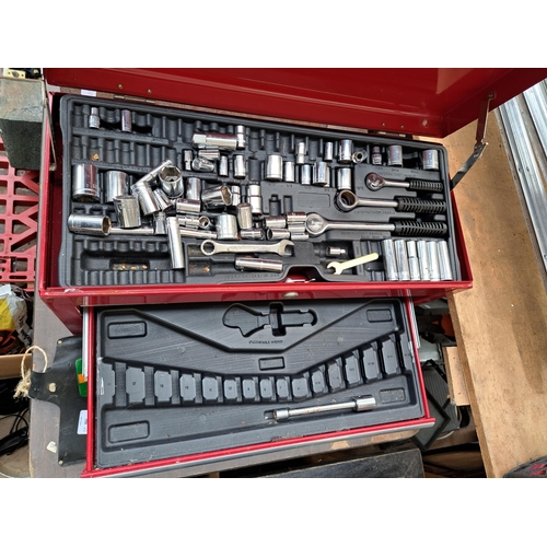 799 - Two items, one red metal stackable tool chest containing sockets and spanners and one B&Q heavy duty... 