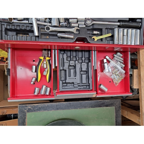 799 - Two items, one red metal stackable tool chest containing sockets and spanners and one B&Q heavy duty... 