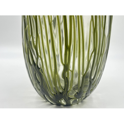 237 - A mid 20th century green and clear glass vase with veined design - approx. 29.5cm high