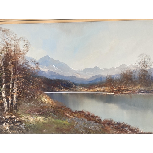 202 - A framed oil on canvas of a mountain and lake scene, signed lower right - approx. 72cm high x 103cm ... 