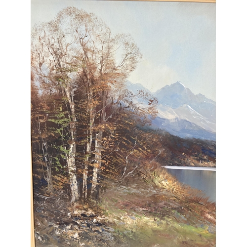 202 - A framed oil on canvas of a mountain and lake scene, signed lower right - approx. 72cm high x 103cm ... 