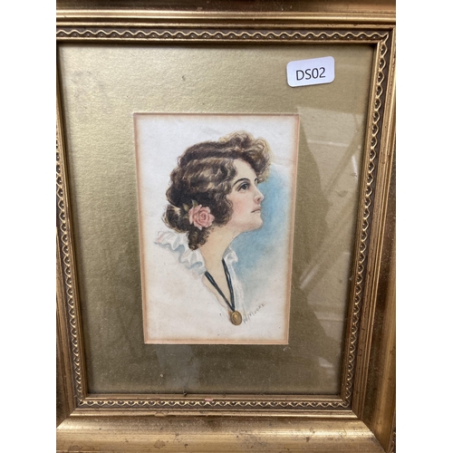 212 - A collection of pictures and prints to include female portrait watercolour, signed W. Moore, oil pai... 