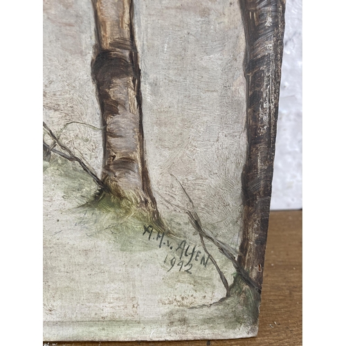 215 - An unframed oil on board of a woodland scene, signed A. H. V. Allen and dated 1942 - approx. 40cm hi... 