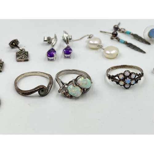 2154 - A collection of silver jewellery to include opal cluster ring, amethyst earrings, butterfly pendant ... 