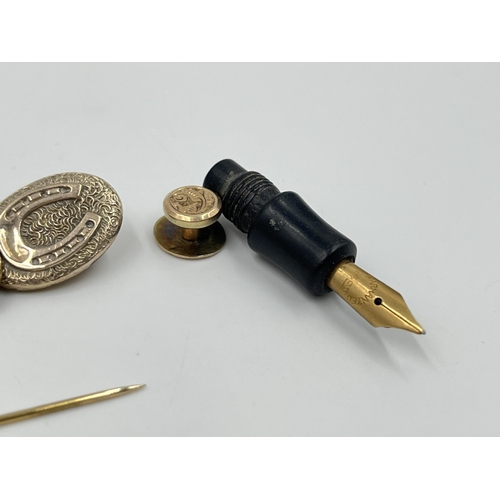 2172 - Six items to include hallmarked 9ct gold pearl stick pin - approx. gross weight 0.5g, hallmarked 9ct... 