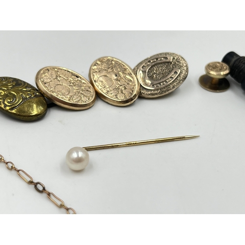 2172 - Six items to include hallmarked 9ct gold pearl stick pin - approx. gross weight 0.5g, hallmarked 9ct... 