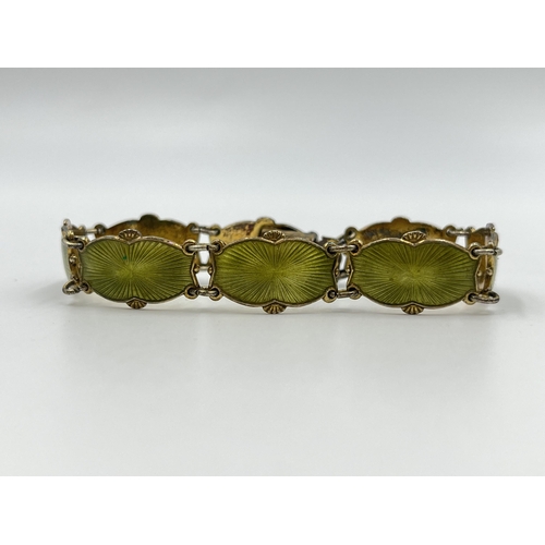 2181 - A vintage Ivar T. Holth of Norway .925 silver and green guilloche enamel bracelet - approx. gross we... 