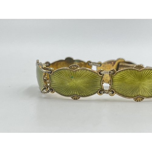 2181 - A vintage Ivar T. Holth of Norway .925 silver and green guilloche enamel bracelet - approx. gross we... 