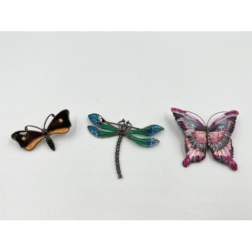 2189 - Three vintage insect brooches, two enamel butterflies and one Plique-à-jour dragonfly