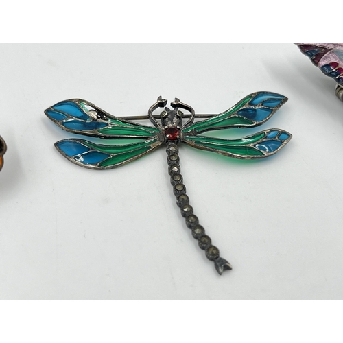 2189 - Three vintage insect brooches, two enamel butterflies and one Plique-à-jour dragonfly