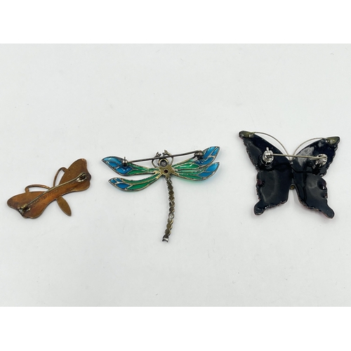 2189 - Three vintage insect brooches, two enamel butterflies and one Plique-à-jour dragonfly